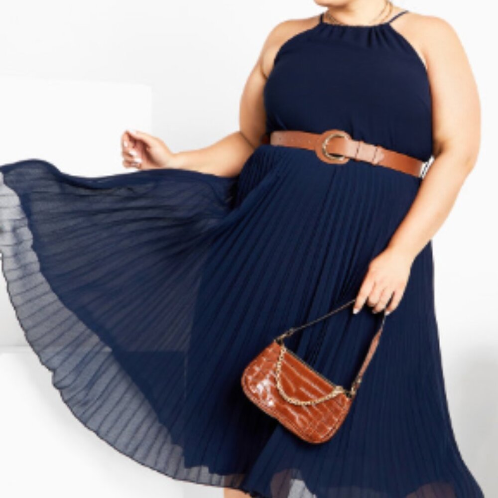 Curvy Chic, Blue, Plus Size 20, Halter Pleat Midi Dress with Pockets